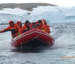 French expeditioners on a boating trip on the inflatable rubber boats