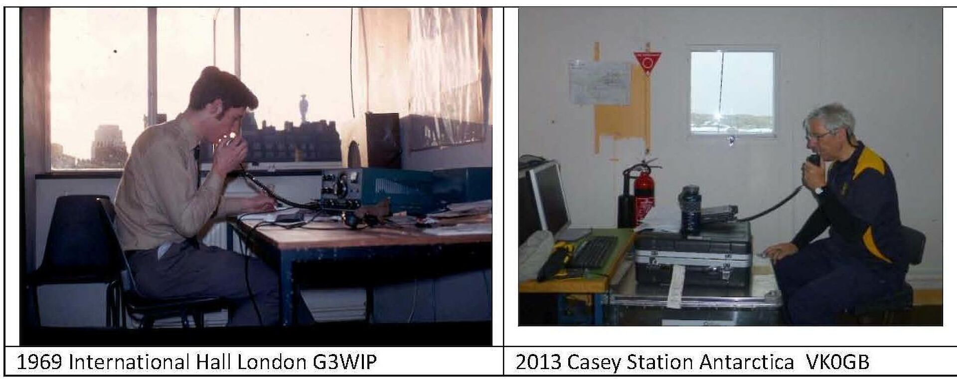 Dr Bulger as G3WIP 1969 at the International Hall of London and VK0GB 2013 Casey station Antarctic