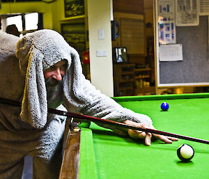 Gavin dressed as Wilfred the dog playing pool