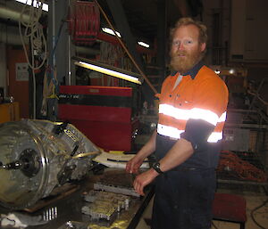 Matt with a large transmission that has been stripped down