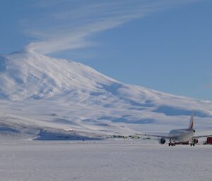 A319 leaving McMurdo in front of Mt Erbus