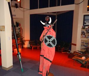 Picture of an empty suit with Viking helmet and a short sword and shield