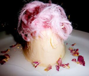 A pink jelly like dish with pink fairy floss on top