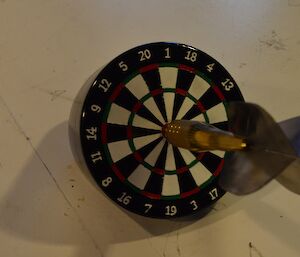 Picture of the darts trophy, a small dart board with an enlarge dart on the dart board