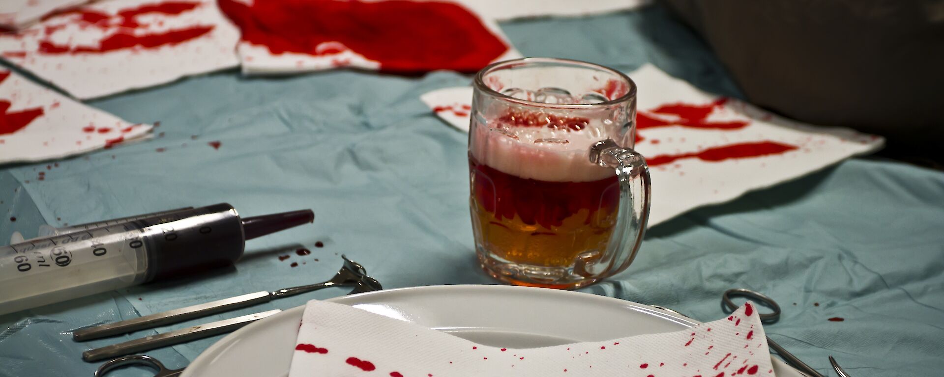 Beer that is stained with fake blood