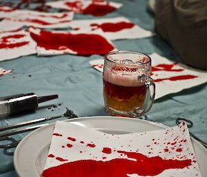 Beer that is stained with fake blood