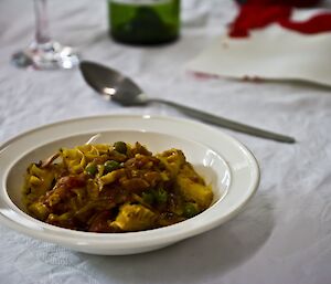 Braised tripe with tomato bacon and green peas
