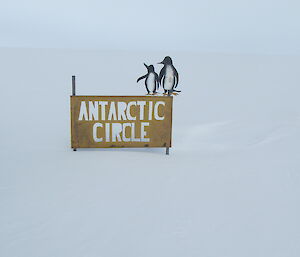 Arctic Circle sign in a flat snowy terrain with Gavin walking towards it