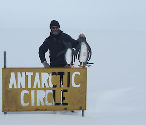 Gavin standing behind the Arctic Circle sign in a flat snowy terrain