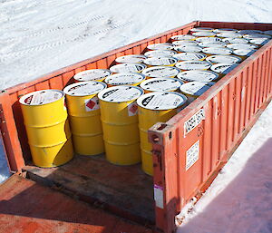 Yellow fuel drums packed in a in half-height container