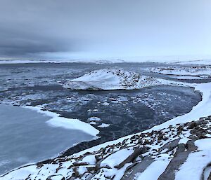 View of sea ice forming over Newcomb Bay from Reeves Hill