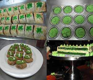 Images of sausage rolls with shamrock, green layer cake, individual shepherds pie with green mash, and chicken rissoles with green mushy peas on top