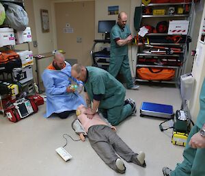 Medical scenario for lay surgical assistants at Casey Station where they are practicing CPR