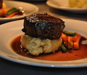 Eye fillet with red wine jus, dinner at Casey station