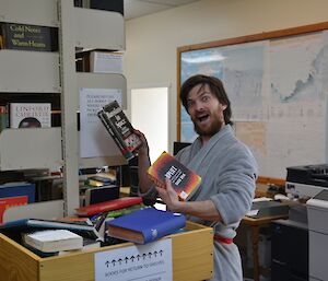 Winter librarian Dan in the Casey station library.