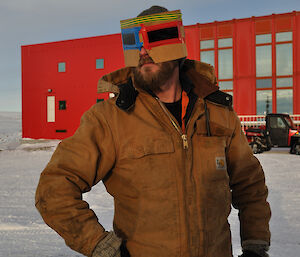 Nick Johnston with a home-made mask containing 2 welders glasses to safely watch the eclipse.