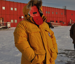 Casey expeditoner Stuart Griggs with his home-made safety mask with welders glass inset for observing the eclipse at Casey on 29 April 2014