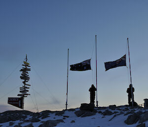 The Australian and NZ flags flying at half mast at Casey on ANZAC Day
