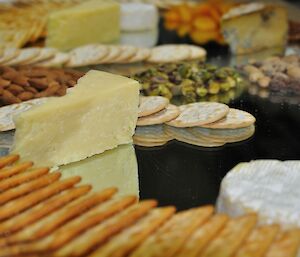 Cheese platter from Saturday night dinner at Casey 2014 showing cheese, crackers and various nuts