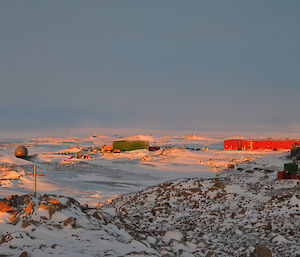 Casey station buildings taken in the light of the setting sun