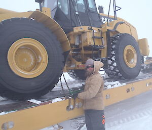 Loader chained down and ready to return to Casey