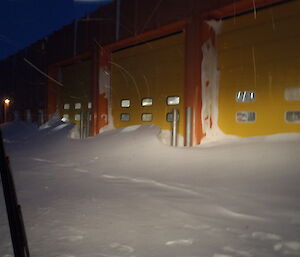 Casey workshop doors with external snow build up