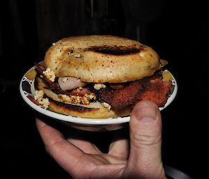 A bacon and egg burger for breakfast on Saturday monring at Casey