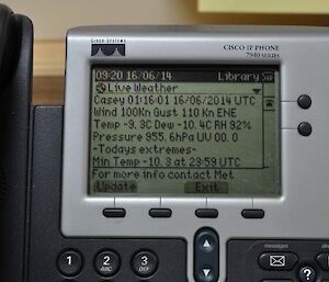 Photo of the weather statistics on a phone at Casey station, Antarctica