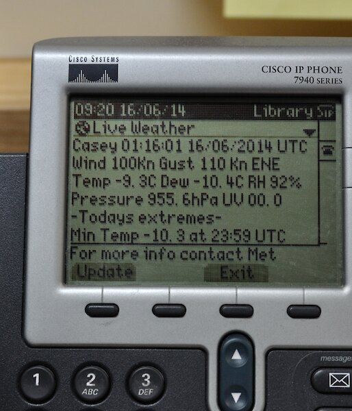 Photo of the weather statistics on a phone at Casey station, Antarctica
