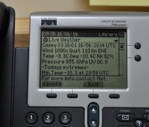 Photo of the weather statistics on a phone at Casey station, Antarctica