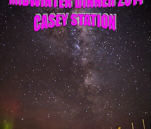 Midwinters dinner announcement with bright pink font and a photo of an aurora australis as background