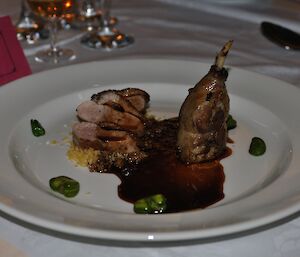 Duck leg confit and grilled duck breast with orange couscous and citrus foam. arragned artistically