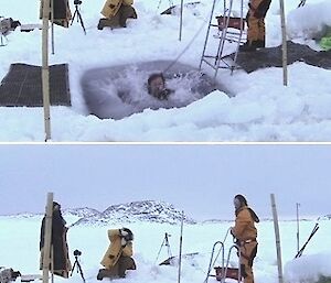 Eddie Dawson takes a dip in the sea ice pool at Casey — Midwinter 2014