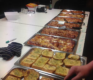 Pizzas served on the pool table (covered) at Casey winter 2014