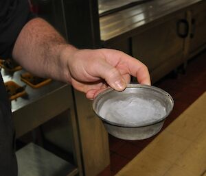 Ice puck in a pie tin mold at Casey — winter 2014