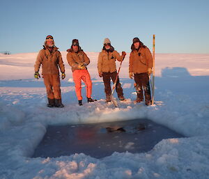 Matt Melhuish, Nick Johnston, Cary Collis, Steve McInnerney beside the completed pool at Casey midwinter 2014