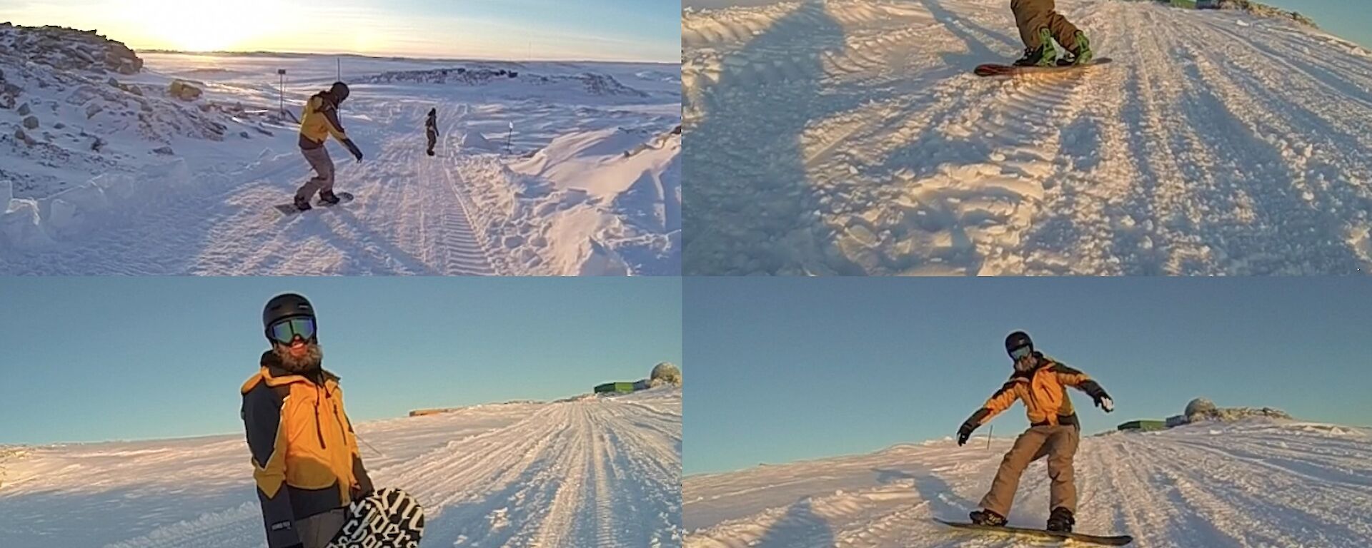 Four expeditioners snowboarding in Antarctica