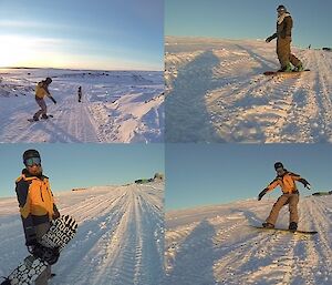 Four expeditioners snowboarding in Antarctica