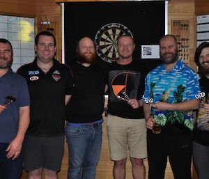 Rob Bennett, Scotty Clifford, Stu Griggs, Pete Hargreaves, Steve Black, Dan Laban, the darts team at Casey after winning against Macca