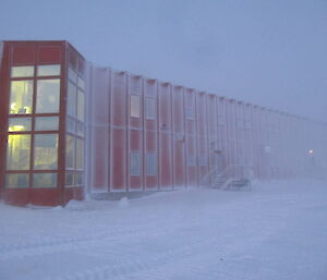 The red shed lights viewed from outside in a blizzard at Casey duringthe 2014 winter