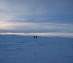 Two expeditioners take a walk in the far distance, in a featureless landscape near Casey station