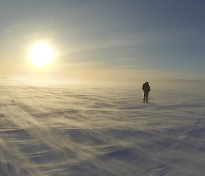 Cary Collis walking to Wilkes August 2014 in winds of 35 knots and temperatures of −35°C