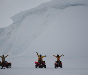 Rob Bennett, Pete Hargreaves, and Steve McInnerney on quads on the sea ice at Casey Auguat 2014