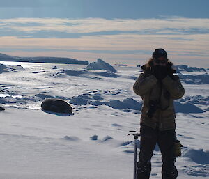 Cary Collis on the sea ice near the wharf at Casey September 2014