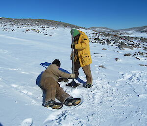 Expeditioners reattach the pole and sign near the moss beds on Robinsons Ridge