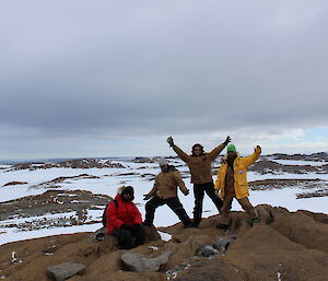 Dan Laban, Steve Hankins, Joe Dragone, Scott Clifford at the top of Repeater Hill on the Browning Peninsula