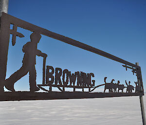 Metal sign errected onthe plateau at the turning point to Browning Peninsula
