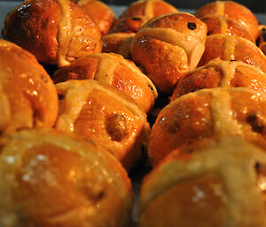 Hot cross buns just out of the oven on a tray at Casey for Easter 2014