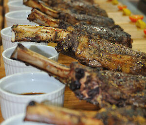 Rib steaks ready to serve on wooden blocks at Casey 2014