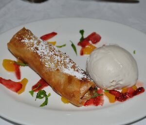 Sweet springroll and coconut icecream